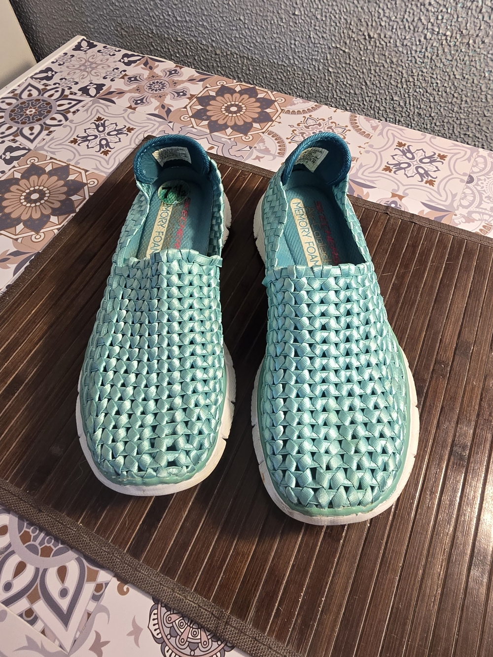 Skechers Teal Woven Slip-On Memory Foam Shoe - Picture 2 of 4